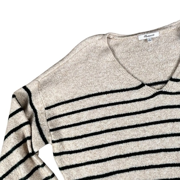 Madewell Striped V-Neck Sweater Women's Small Oatmeal Black Knit - Picture 4 of 4